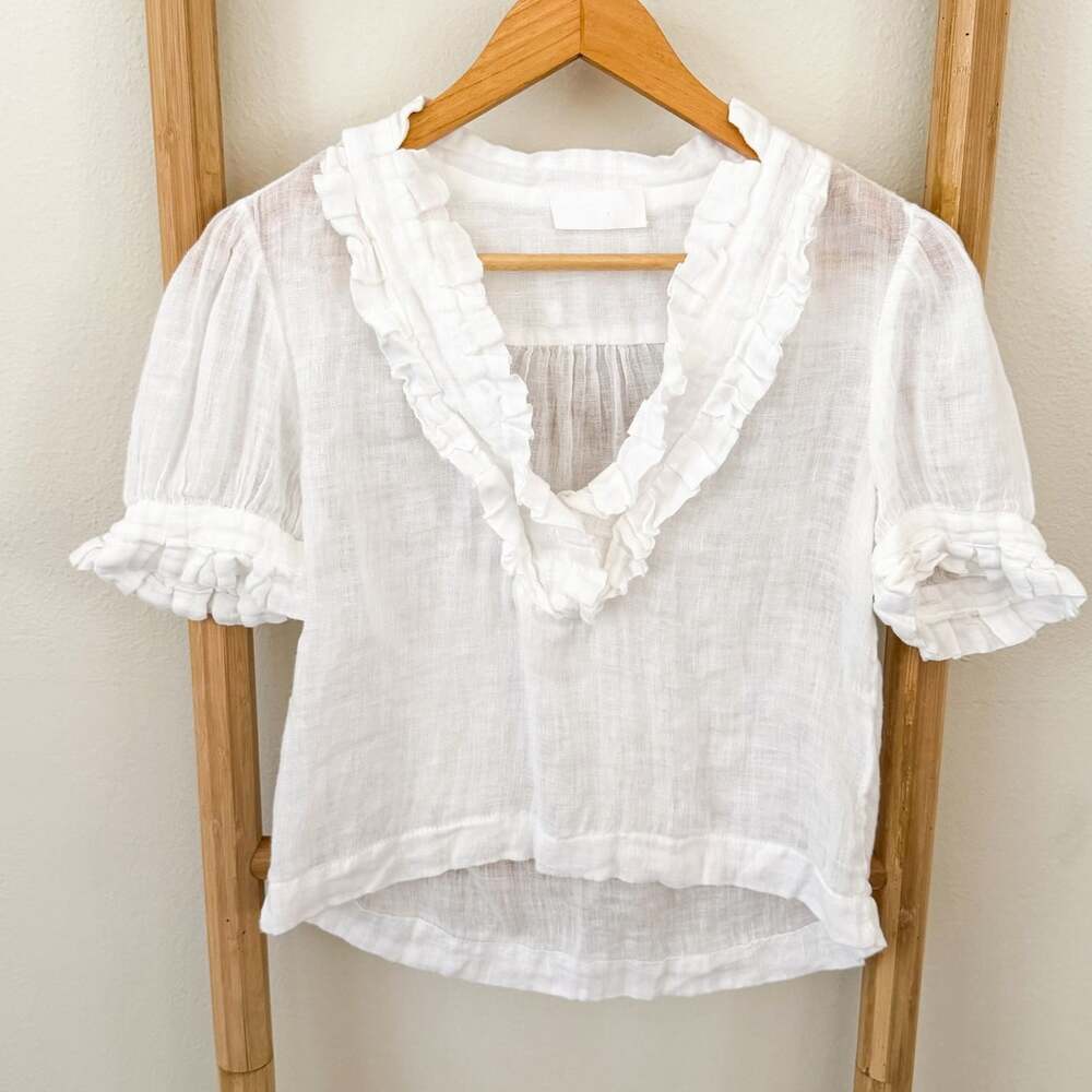 Nicole Farhi 100% Linen White Ruffle V-Neck Blouse Top Women’s Size US 4